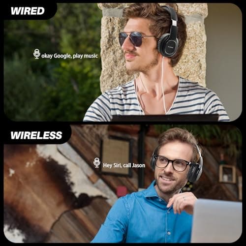 WorWoder 80Hrs Wireless Over Ear Headphones, Bluetooth 5.0 Wireless & Wired Mode, HiFi Stereo Sound with Mic, Lightweight Headset with Deep Bass for Work Travel Online Class (BLACK) — view 6