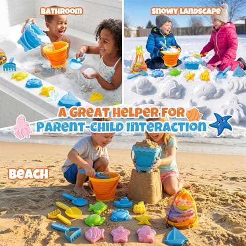 LADFAR Beach Sand Toys Set for Toddlers, Portable Travel Beach Toys with Collapsible Bucket, Shovel, Rake, Molds & Mesh Storage Bag for Kids, Summer Gift (Sunset Orange + Ocean Blue) — view 4