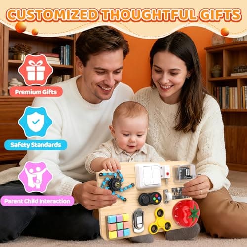 Busy Board Toy for Toddlers, Wooden 11 in 1 Montessori Educational Fidget Sensory Toys for Stress Relief, 27cm Activity Board for Kids Preschool Learning, Car Airplane Travel Birthday Desk Gift — view 6