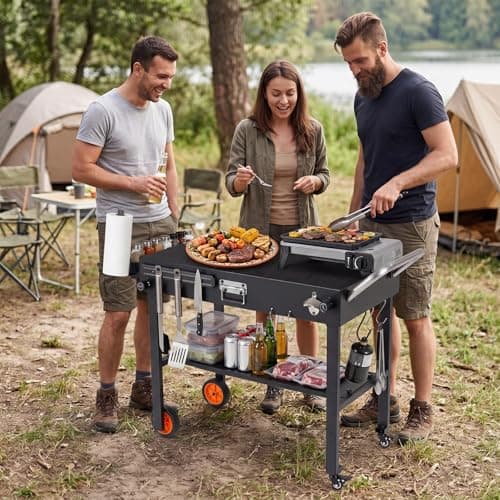 TANGZON Folding Grill Cart, Outdoor BBQ Prep Table with Wheels — view 2