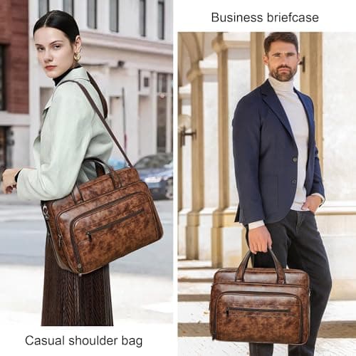 Shrrie Leather Messenger Bag for Men&Women 17 Inch Vegan Leather Laptop Bag,Water-Resistant Large Shoulder Satchel Office Work,Brown — view 2