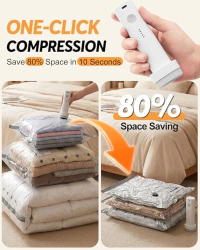 Vacuum Storage Bags for Travel with Wireless Electric Pump, 12 Pack 3-Size Travel Vacuum Bags with Pump Rechargeable, Fast Compression Portable Vacuum Packing Cubes, 80%Luggage Space Saver for Clothes — view 3