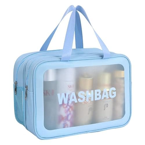 FoxCyllene Clear Waterproof Toiletry Bag, Large Capacity Travel Wash Bag with Dual Handles, PVC Cosmetic Organiser with Dry-Wet Separation (Blue, L)