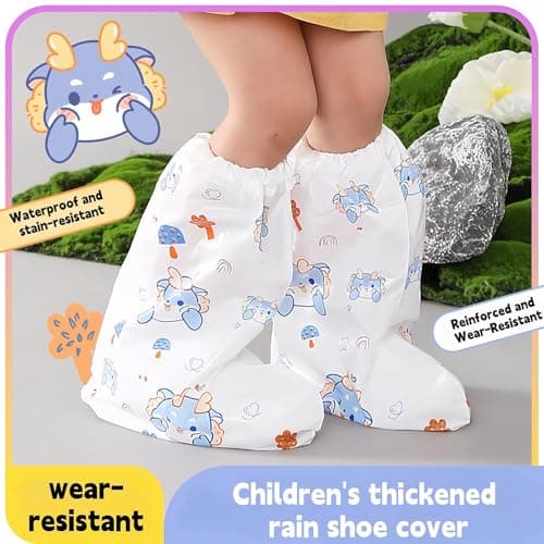 HUANYO Disposable Kids Rain Boot Covers - 5 Pairs Children's Waterproof Shoe Covers, Fun Printed Patterns, Perfect for School, Outdoor Play, Puddle Jumping - One Size Fits Most (Dinosaurs) — view 3