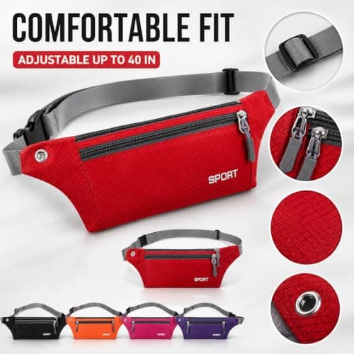 SoWest Unisex Bumbag Fanny Pack – Waterproof Waist Packs for Men & Women | Adjustable Belt with 3 Zipper Pockets for Running, Hiking, Jogging, & Travel | Lightweight Outdoor Waist Bag - Red — view 3