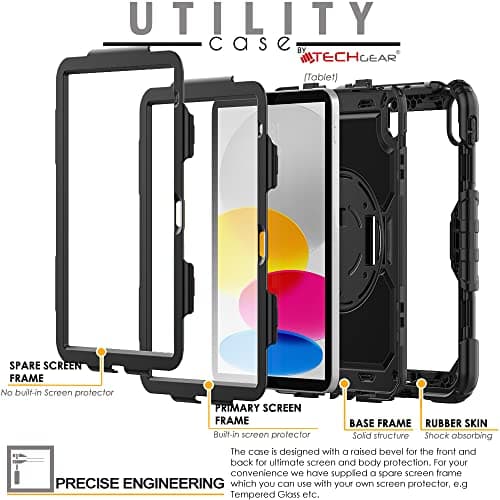 TECHGEAR UTILITY Case for iPad 11" A16 (11th Gen 2025) & 10.9" (10th 2022), Rugged Heavy Duty Shockproof Cover Screen Protection, 360 Stand, Hand & Shoulder Strap - for Work, School, Travel etc- Black — view 4