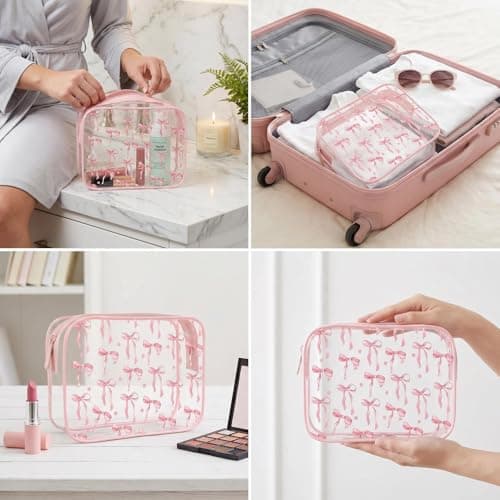 2 Pcs Clear Wash Bag with Pink Bow Pattern Transparent Toiletry Bag Water-Resistant Makeup Cosmetic Pouch for Travel Airport Security Liquids Holiday Organiser Set for Women Girls — view 5