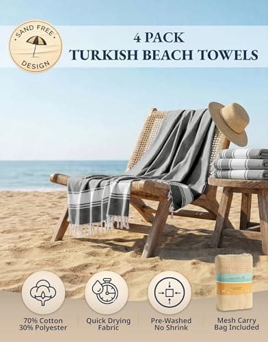 LANE LINEN Beach Towels 4 Pack Oversized - Cotton Rich Turkish Towel Set, Pre-Washed Oversized Beach Towel, Quick Dry Beach Towels For Travel, Large Pool Towels, 39"x71" - Smoky Black — view 2