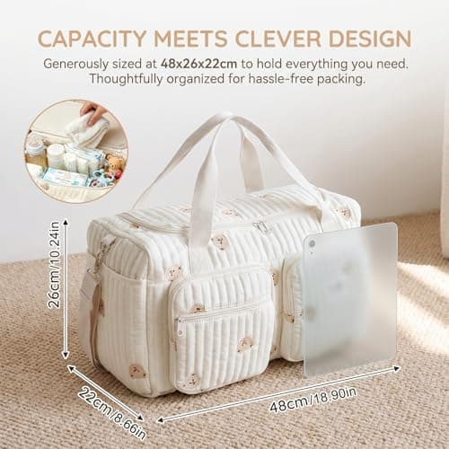 Quilted Duffle Bag for Women, Cotton Canvas Travel Duffel & Hospital Bag, Large Weekend Bag Maternity Nappy Bag, Carry On Holdall for Travel, Gym, Overnight Stays, Underseat Flight Bag - Bear Pattern — view 2