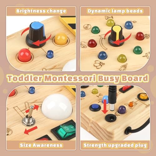 Joyreal Montessori Busy Board 2 Year Old, Wooden Fidget Sensory Toy for Toddlers, Activity Board with 19 LED Lights, Educational Travel Toy for Boys Girls 2 3 4 Year Old — view 3