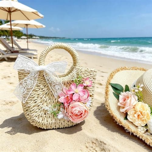 ECMQS Handle Bridal Beach Bag with Floral Woven Body, Purple — view 5