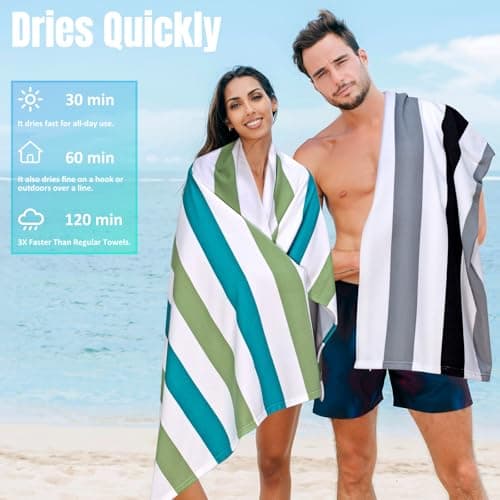 Ouxiaobai Large Oversized Beach Towel - Microfiber Sand Free 35 x 70 Inch Quick Dry Lightweight Pool Towel for Adults, Thin Striped Swim Towel (Green) — view 2