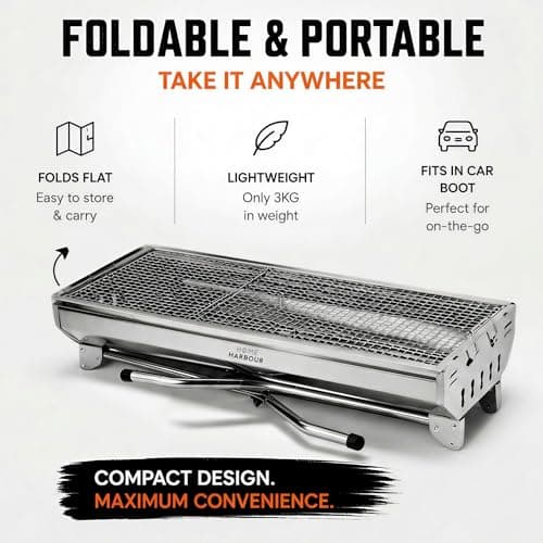 Home Harbour H1 Large Foldable Stainless Steel BBQ Charcoal Grill | Portable and Lightweight Barbecue | For Outdoor Picnics, Camping, Garden, Home Cooking Parties Grilling — view 3