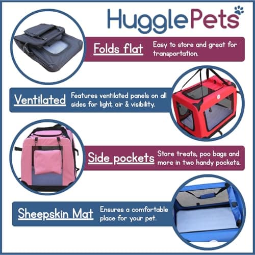 HugglePets Foldable Fabric Pet Crate Carrier - Pink (Medium 60 x 42cm) Lightweight & Ventilated Double Door Carrier for Dogs & Cats with Sheepskin Mat. Ideal for Home & Travel. — view 6