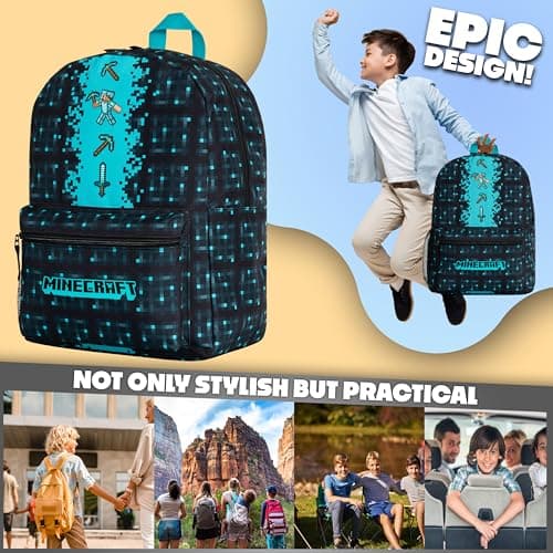 Minecraft Backpack for Kids Teenagers Gaming Rucksack School Bag Creeper Daypack Travel Bag for Days Out PE Sports Gamer Gifts (Blue) — view 3