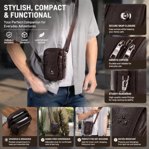 KUBDPQOR Leather Phone Waist Bag for Men, Crossbody Belt Pouch with Anti-Theft Zip, Small Travel Shoulder Bag for Mobile Phone, Camping, Hiking & Outdoor Use, Brown — view 6