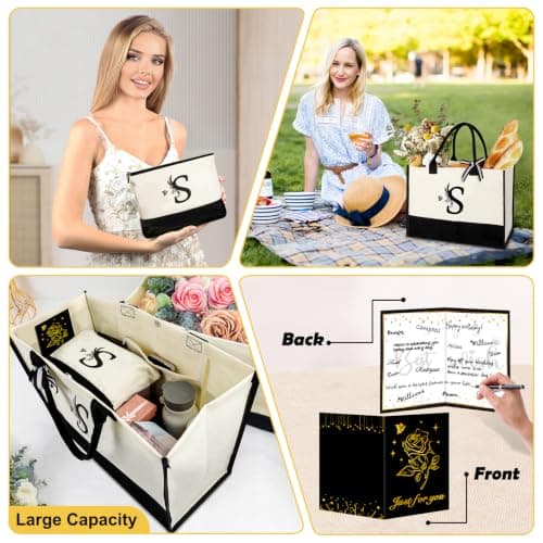 Personalized Gifts for Women - Initial Canvas Tote Bag with Makeup Bag - S — view 2