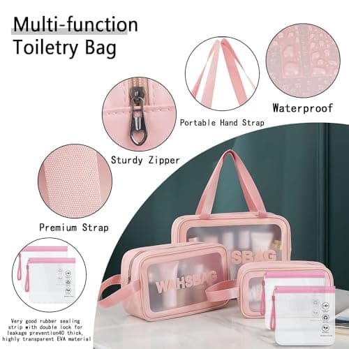WUBAYI 5Pcs Clear Toiletry Bag, Waterproof PU Makeup Bag with Zipper Handle, Portable Airport Cosmetic Bag for Women & Men, Travel Accessories Wash Bag for Travelling & Holiday (Pink) — view 3