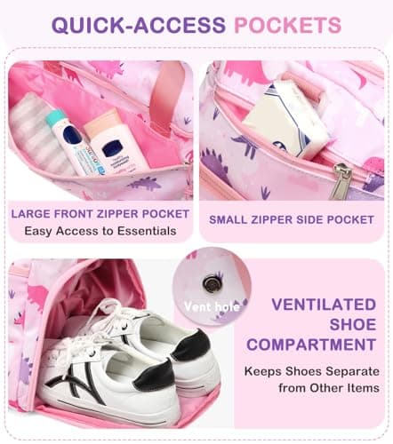 Overnight Bag for Kids, VASCHY Large Capacity Travel Duffle Bag for Girls Lightweight Holdall Bag Weekender Bag with Shoes and Seperated Dry Wet Compartment for School, Dance, Sport(Pink Dinosaur) — view 3