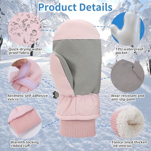 Fjquamitix Kids Winter Ski Mittens, Waterproof Mittens Kids, Warm Fleece Lined Toddler Ski Gloves Age 2-8 Boys Girls For Winter Outdoor (Pink, L) — view 3