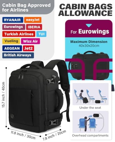 VANKEV 40x30x20 Ryanair Cabin Bag Underseat Travel Backpack Hand Luggage — view 3