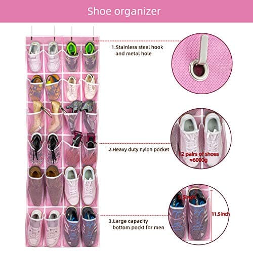 SAVERHO Hanging Shoe Organizer, Over The Door Shoe Organizer with 24 Breathable Mesh Pockets for Men Women Kids Hanging Shoe Storage Rack Organizer Size:58x21 Inch（Pink） — view 5