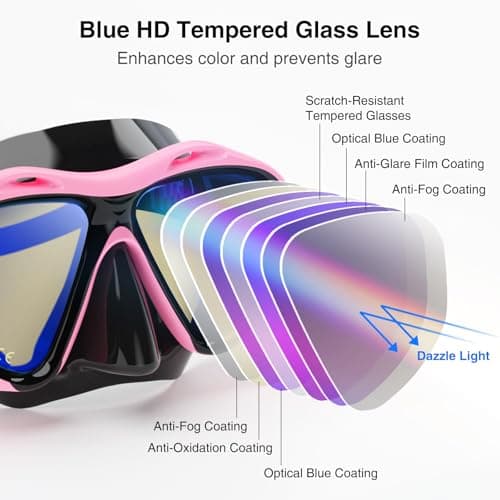 Snorkeling Gear for Adults, Snorkel Mask With Mirrored Tempered Glass Lens 180° Wide View Anti-Fog Scuba Diving Mask, Professional Snorkel Set for Swimming Diving (Black+Pink) — view 2