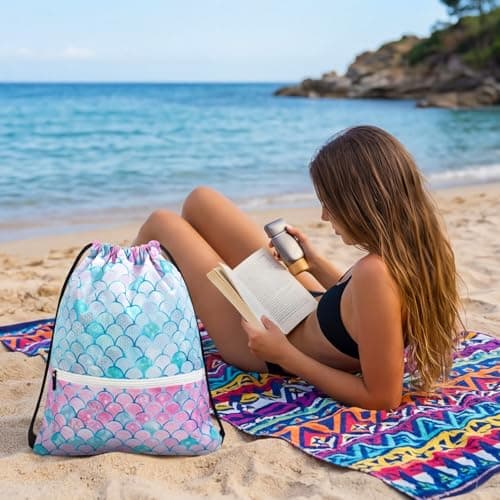 StreamSafe Drawstring Bags for Kids Girls, Waterproof Mermaid Backpack — view 6