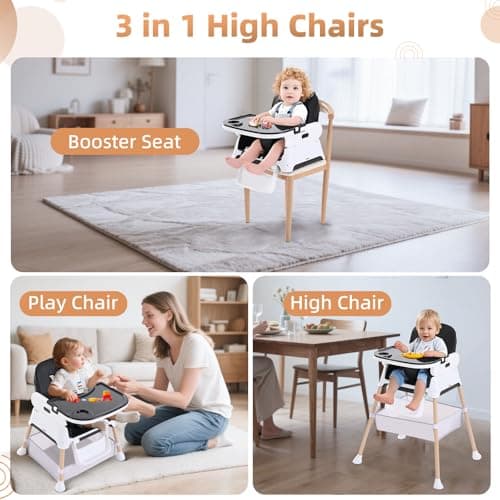 High Chairs for Babies and Toddlers, Adjustable Convertible 3 in 1 Baby High Chair, Portable Compact Baby Infant Feeding Chair Travel Highchair Booster for Toddler, from 6 Month to 3 Years Black — view 3
