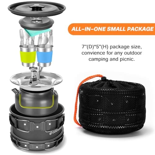 Odoland Camping Cookware Set with Foldable Stove, Non Stick Pot Pan Kettle Set with Stainless Steel Cups Plates Forks Knives Spoons for Outdoor Cooking and Picnic - Camping Cutlery Set Suit 2 People — view 5