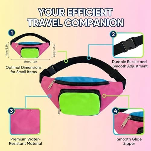 80s Retro Neon Bum Bag Fanny Pack for Women Men, 2 Zipped Pockets Adjustable Waist Bag, Lightweight Waterproof Bumbags for Ladies, Festival Rave Travel 80s Accessories for Women — view 3