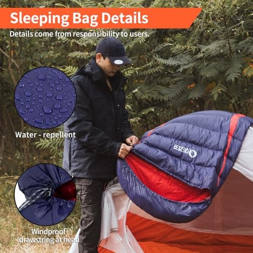 QEZER Down Sleeping Bag,Lightweight Rectangular Winter Sleeping Bag [1180g/1860g] for Adults and Kids 4 Season Camping, Hiking,Warehouse and Moutaineering Outdoor (Blue, 600g down) — view 6