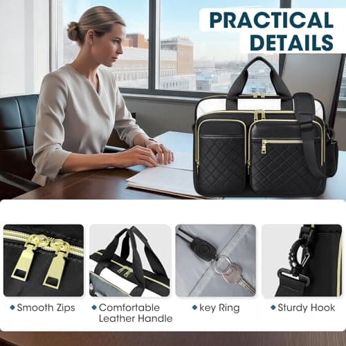 RAINSMORE Laptop Bag for Women 17.3 inch Laptop Briefcase Large Laptop Case Work Computer Bag Messenger Bag for Women Business Office Travel College Black&Beige — view 5