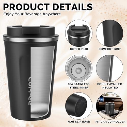 MOMSIV Black Coffee Cup, Vacuum Reusable Leakproof Double Wall Coffee Cup, Insulation Stainless Steel Eco-Friendly Travel Office Mug for Hot Coffee Tea and Cold Drinks, 13oz/380ml — view 6