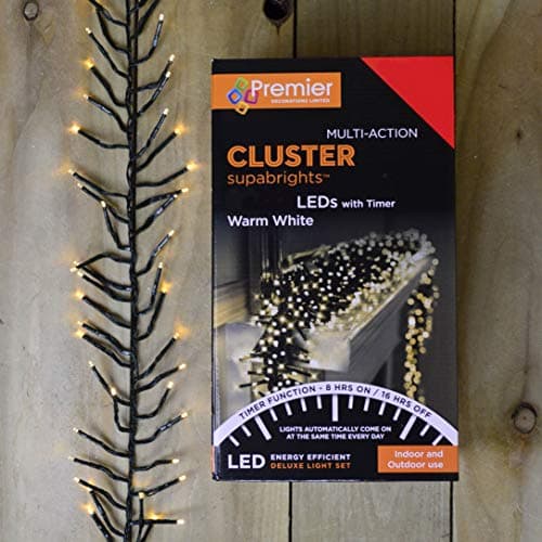 Premier Decorations 480 Multi Action Indoor & Outdoor Christmas Cluster LED Lights with Timer - Warm White