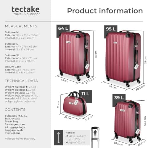 tectake® Hard-Shell Suitcase Set, Incl. 3 Suitcases, Beauty Case & Travel Bag, Travel Luggage Set with 360° Wheels, TSA Locks & Luggage Scale, Lightweight Suitcase Set with ABS Shells - Burgundy — view 6