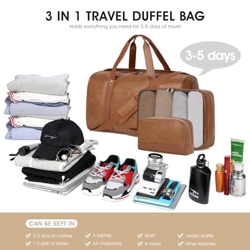 3PCS Faux Leather Weekender Bag for Women Men Travel Bag Overnight Bags — view 3