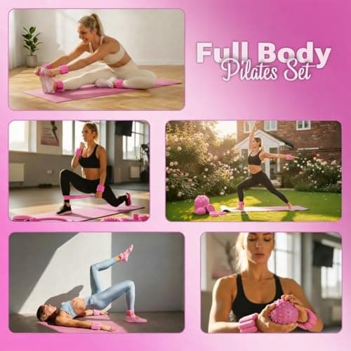 OMELYA Pilates Premium Full Set 23 pcs Pilates Equipment with Wrist Weights Pilates Essential Kit Yoga Kit Pilates Ring Mini Yoga Ball Resistance Bands Core Sliders Gift for Women (Pink) — view 3