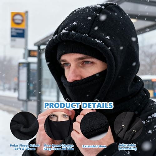 SNBUHA Balaclava Windproof Ski Mask, Soft and Adjustable Winter Neck Warmer, Outdoor Fleece Hood Face Cover Hat for Men Women Running Skiing Cycling Motorbikes Hiking, Black — view 3