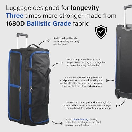 Aerostar 36" XL Extra Large Lightweight Duffle 3 Wheel Travel Bag Holdall Suitcase Check-in Luggage All Terrain (174L, Blue on Black) — view 5