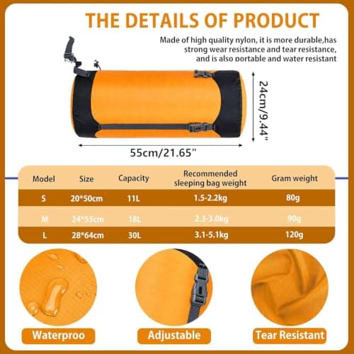 Guerity Compression Stuff Sack,Waterproof Sleeping Bag Compression Sack, 11L/18L/30L/ Outdoor Storage Bag Stuff Sack for Camping Hiking Backpack (Orange, 18 L) — view 3