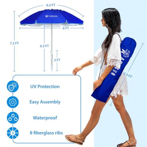 AMMSUN 6.5ft Twice Folded Portable Beach Umbrella with Sand Anchor Windproof,Push Button Tilt and Air Vent UV 50+ Protection Fits in a Large Suitcase for Patio Garden Beach Pool Backyard Blue — view 6