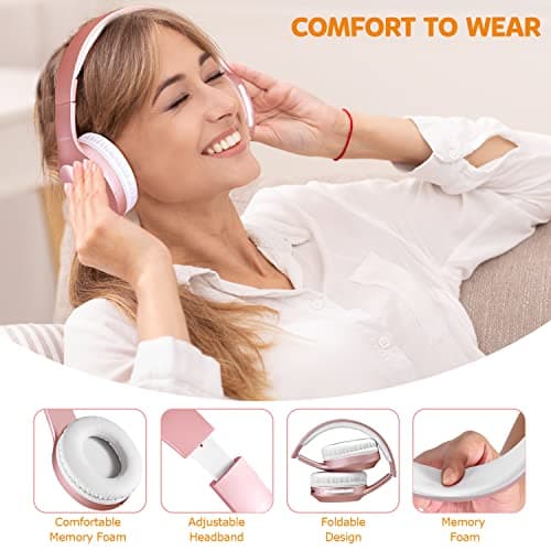 Rydohi Bluetooth Headphones Over Ear, 68H Playtime and 3 EQ Music Modes Wireless Headphones with Microphone/Deep Bass, HiFi Stereo Foldable Lightweight Headset for PC Home Travel Office (ROSE GOLD) — view 4