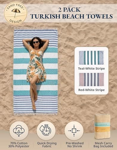 LANE LINEN Beach Towels For Women, 2 Pack Large Turkish Towels Oversized, Pre-Washed, No-Shrink Sand Free Towel, Quick Dry, Lightweight Travel,Soft Beach Essentials 39"x71" - Stripe — view 2