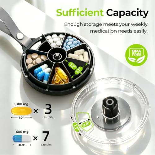 AUVON Travel Weekly Pill Organiser, One-Time Refill Design, Carry Handle | Portable Pill Box 7 Day 1 Times a Day with Magenetic Rotating Design, Tablet Organiser for Fish Oils, Vitamins, BPA-Free — view 4