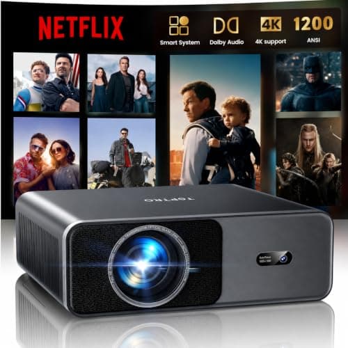 Projector 4K, 1200ANSI Home Cinema Projectors Built in APP, 20W Dolby Audio, TOPTRO FHD 1080P Portable Smart Projector with Auto Focus/Keystone, WiFi 6 Bluetooth Low noise Video Projector for Bedroom