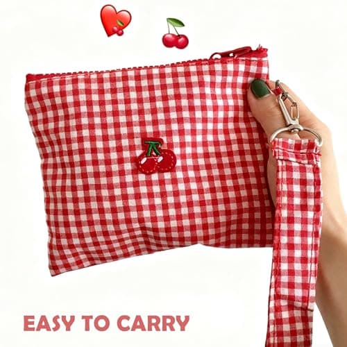 Cherry Makeup Pouch, Small Cosmetic Bag for Handbag, Plaid Travel Bag — view 3