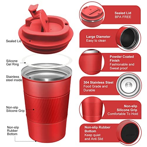 EALLEN Travel Mug with Leakproof Lid,Insulated Reusable Coffee for Hot&Cold Drinks/Tea,Portable Stainless Steel Thermal Takeaway Cup Car/Outdoor/Picnic/Office/School (Red) — view 3