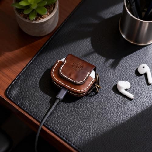 TOURBON Handmade Leather Earphone Case Holder Portable Earbuds Travel Case Carrying Pouch with Keychain — view 4
