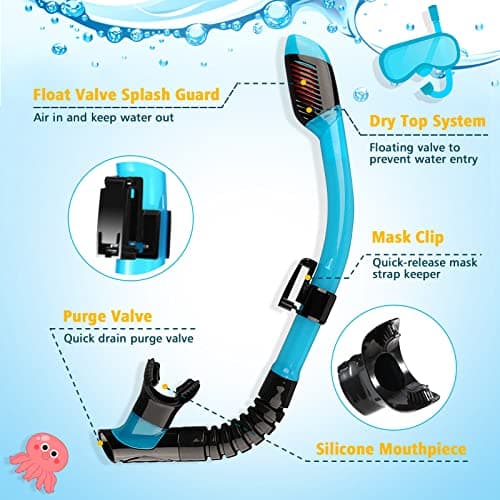 HIKOTEY Children's Snorkel Set,Panoramic Wide View Diving Mask,Snorkeling Gear Anti-Leak and Anti-Fog Tempered Glass Lens,Dry Snorkel Tube,Includes Earplugs and Nose Clip for Age 4-16 Years(Blue+Black — view 4